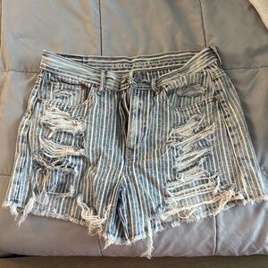 Distressed Blue Striped Denim Shorts